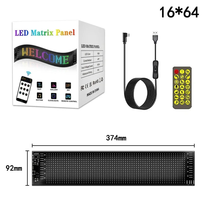 LED Matrix Pixel Panel, Scrolling Bright Advertising LED Signs, Flexible USB 5V LED Car Sign Bluetooth App Control Vue 16x64 LEDs 9x37 CM