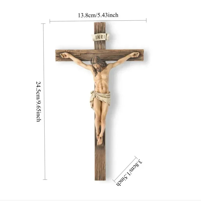 Retro Crucifix Resin Sculpture Jesus Cross Statue Religious Belief Figurine Home Chapel Bedroom Church Decor Christian Souvenir Vue