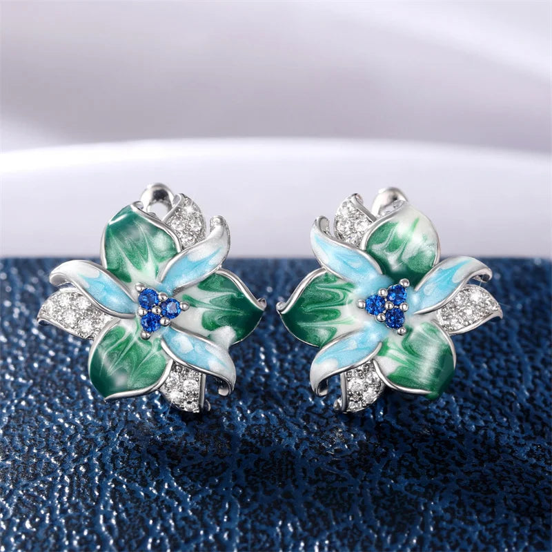 Huitan Green Flower Enamel Hoop Earrings – Bridal Jewelry Enamel Hoop Earrings Vue E2047