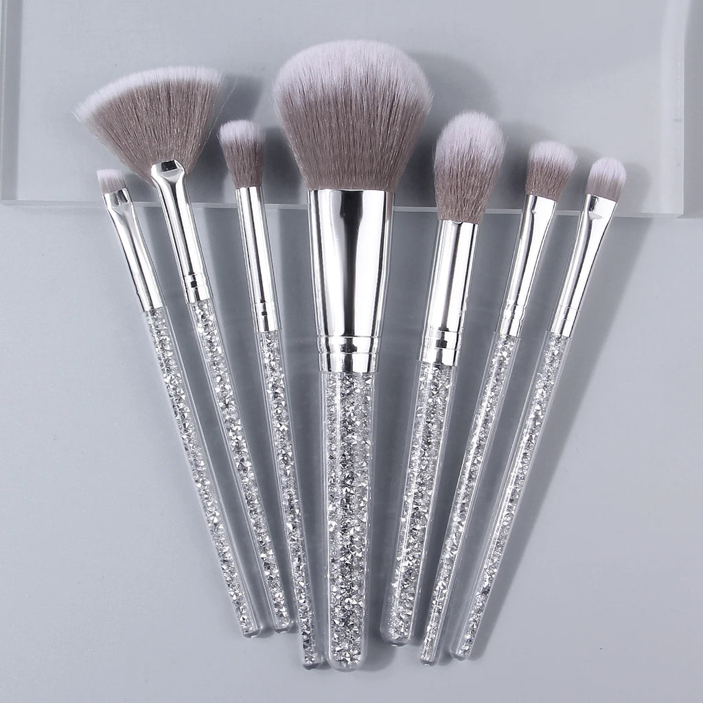 7-pc silver diamond makeup brush set - large powder brush, fan-shaped blush brush, brush for eye smudging, and highlighter brush Vue
