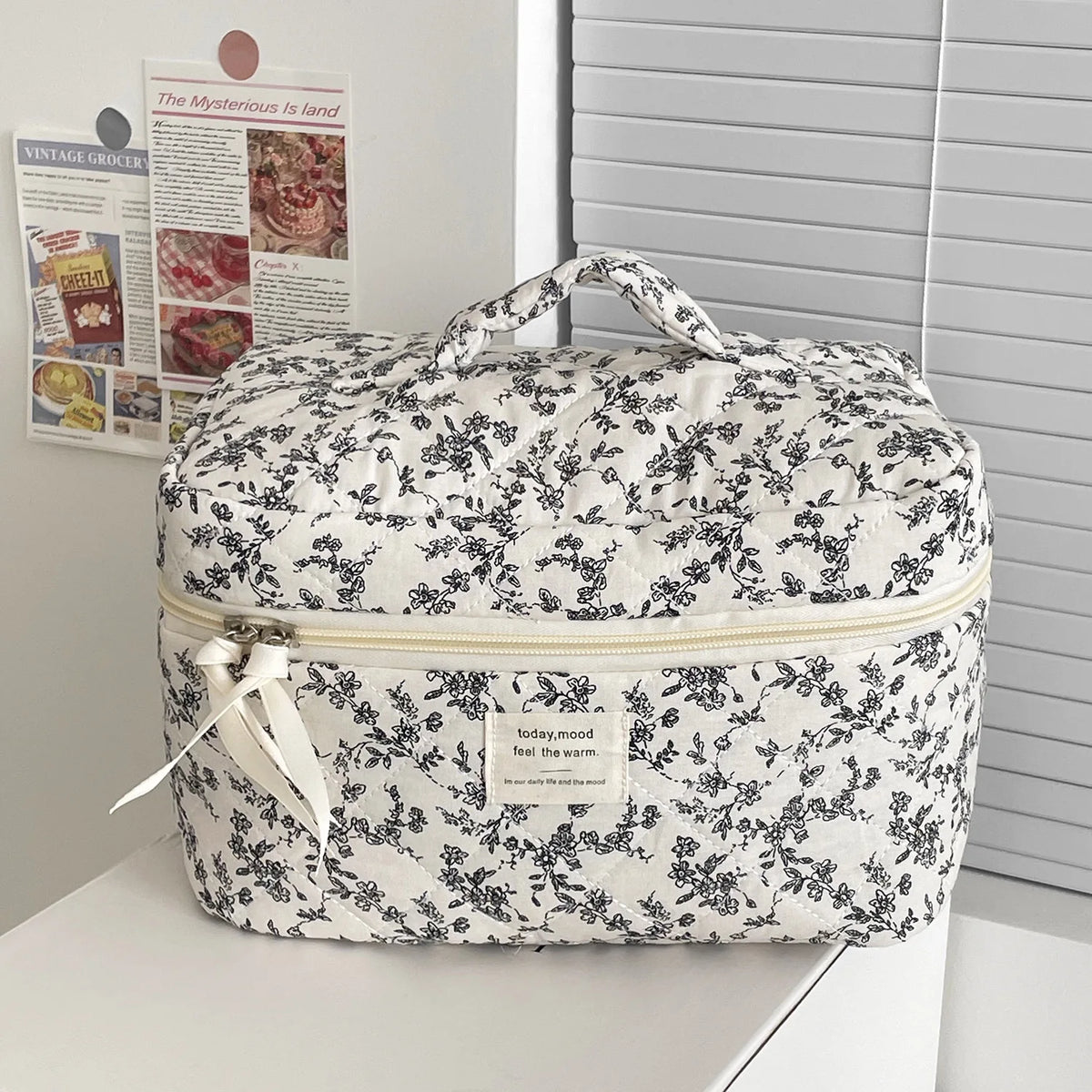 Fashion Black Flower Women Quilting Bags Handbag Travel Organizer Cosmetic Makeup Storage Pouch Portable Zipper Tote Bag Vue SNB-0041-Large