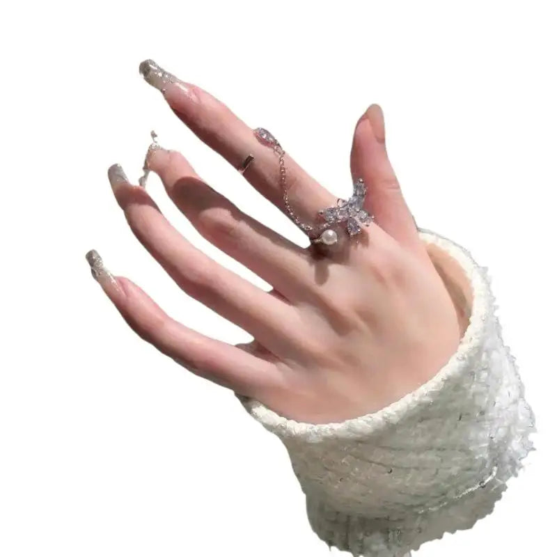 Women Fashion Butterfly Tassel Double Finger Chain Rings Hip Hop Sparkling Gift for Girlfriend Event Use Vue