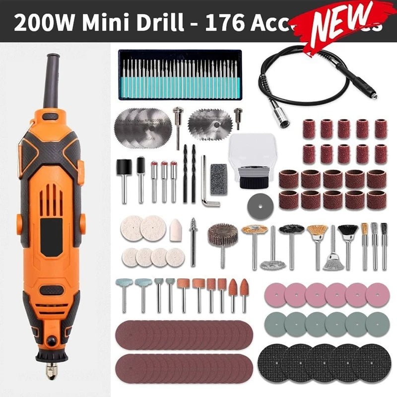 200W Variable Speed Mini Rotary Tool – Electric Grinder & Engraver Rotary Grinder Tool Vue 176pcs EU PLUG
