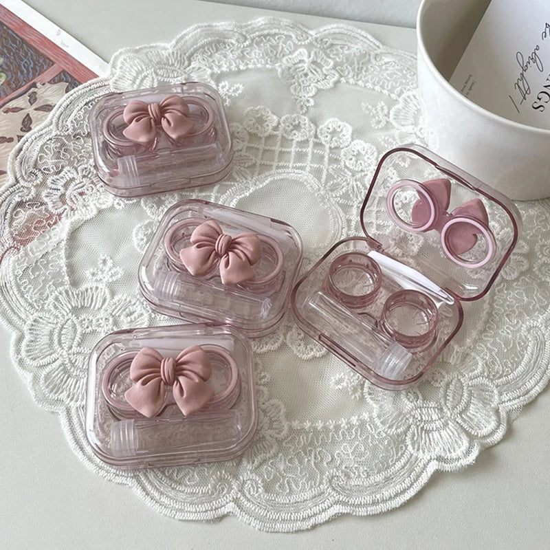 1Set Transparent Love Bow Contact Lens Case Contact Lens Cases Girl Portable Beauty Pupil Box Storage Eye Care Container Box Vue A2