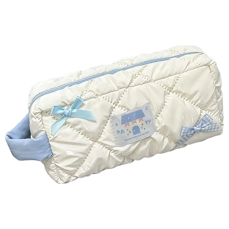 Blue White Bow Pencil Case Large Capacity Cute Stationery Bag Girls Cosmetic Travel Storage Bag Vue