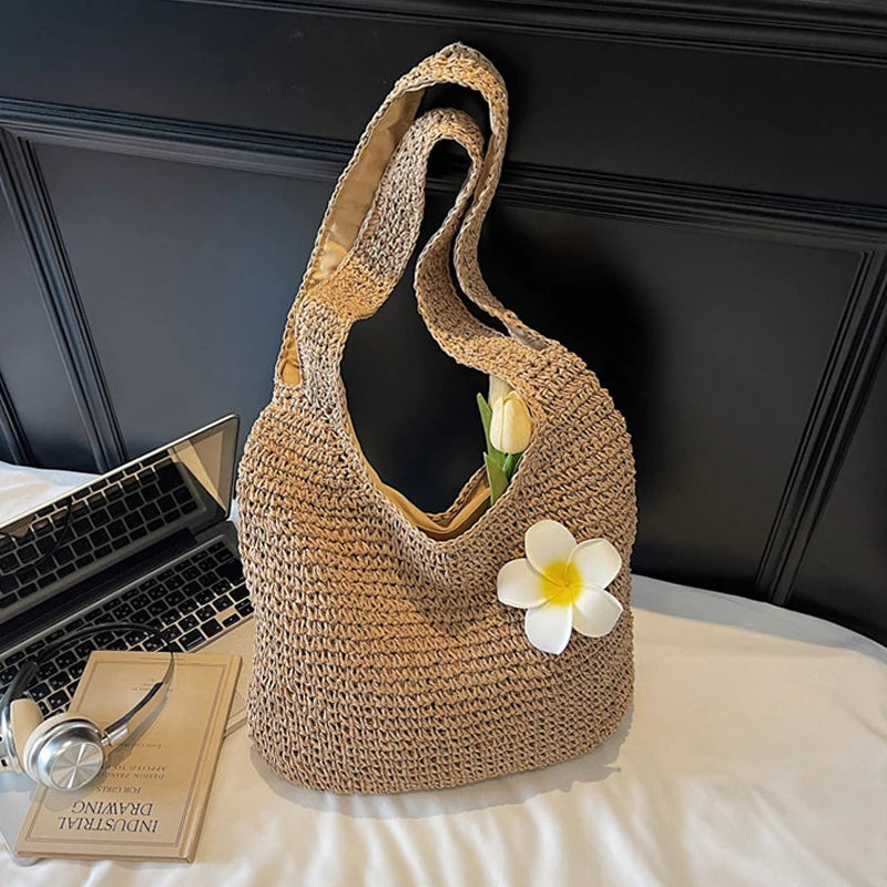 Women Knitted Shoulder Bag Fashion Tote Handbag Lightweight Handwoven Vue khaki