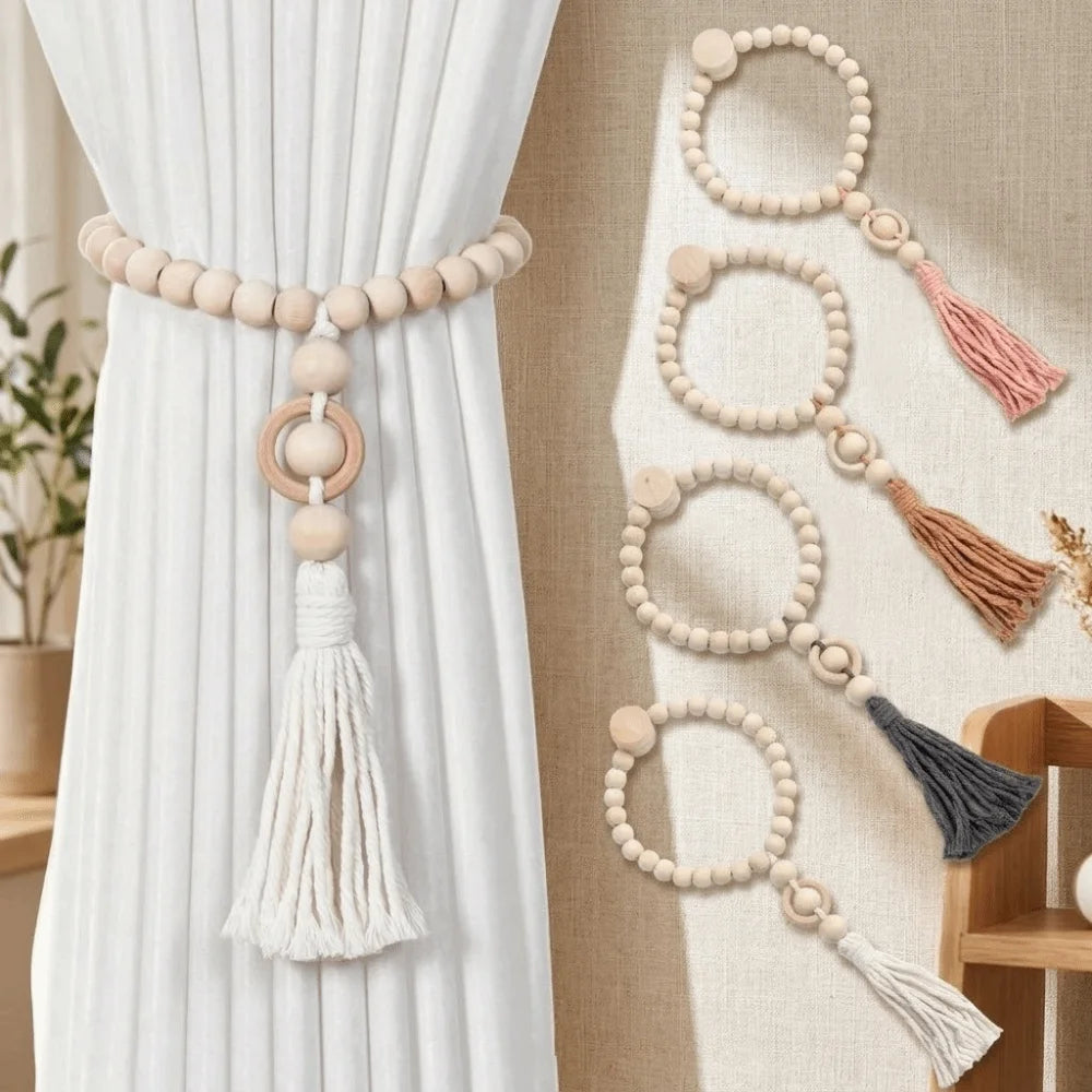 Simple Rustic Wooden Beads Curtain Holdbacks Bohemian Style with Tassels Curtain Buckle Decorative Curtain Tape Farmhouse Style Vue