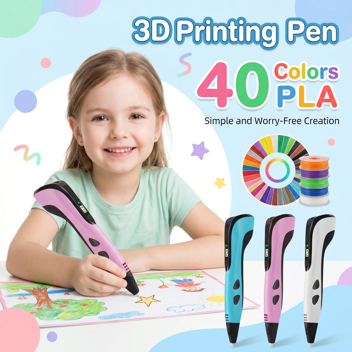 3D Pen Kids 40 Colors PLA Filaments 3D Priting Pen Children DIY Drawing Pens Type C Port Boys Girls Birthday Gifts Vue