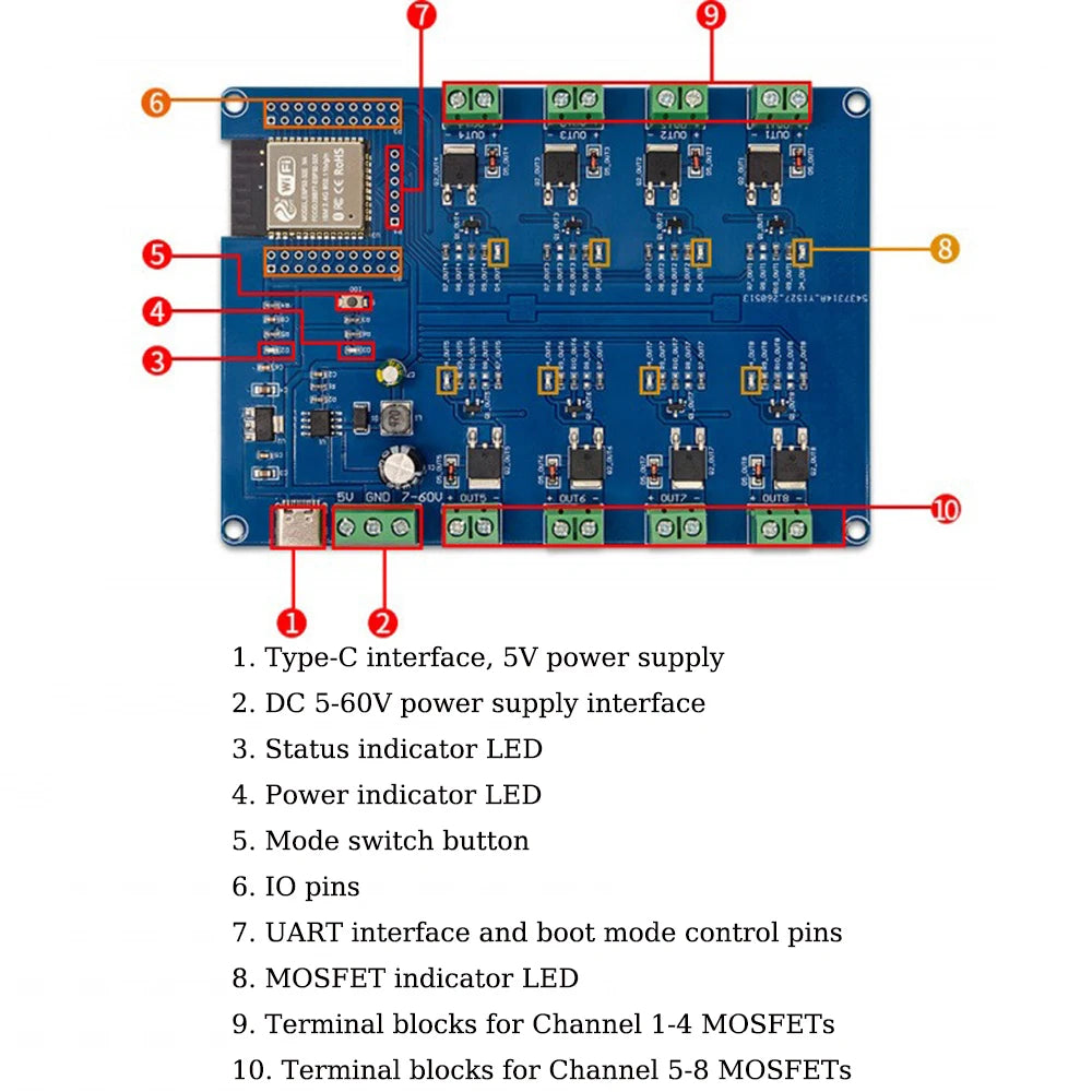 ESP32 8 Channel MOS Switch Development Board DC5-60V Type-C Power Supply WiFi BT IO UART Pins with Power/MOS Tube Led Indicator Vue