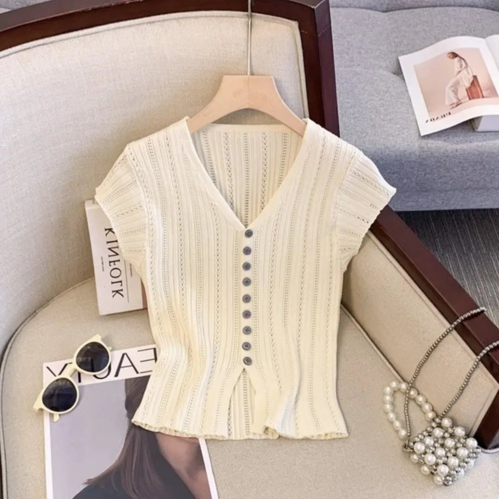 Fashion Solid Ice Silk Knitted Cardigan V-neck Hollow Short Sleeves Vue Apricot One Size