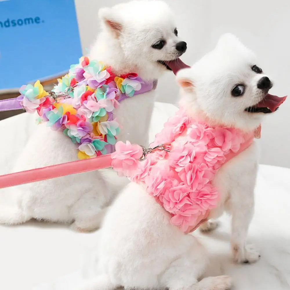 Kawaii Dog Harness Leash Set Adjustable Floral Design Pet Vest Style Harness With Leash Lace Dress Pet Chest Strap Training Use Vue