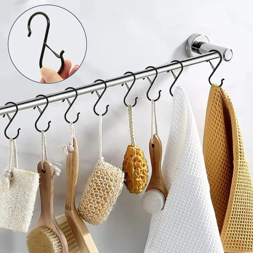 10Pcs S-Shape Balcony Clothes Hanger Windproof Stainless Steel Kitchen Pot Rack Hooks Polished Safety Buckle Vue