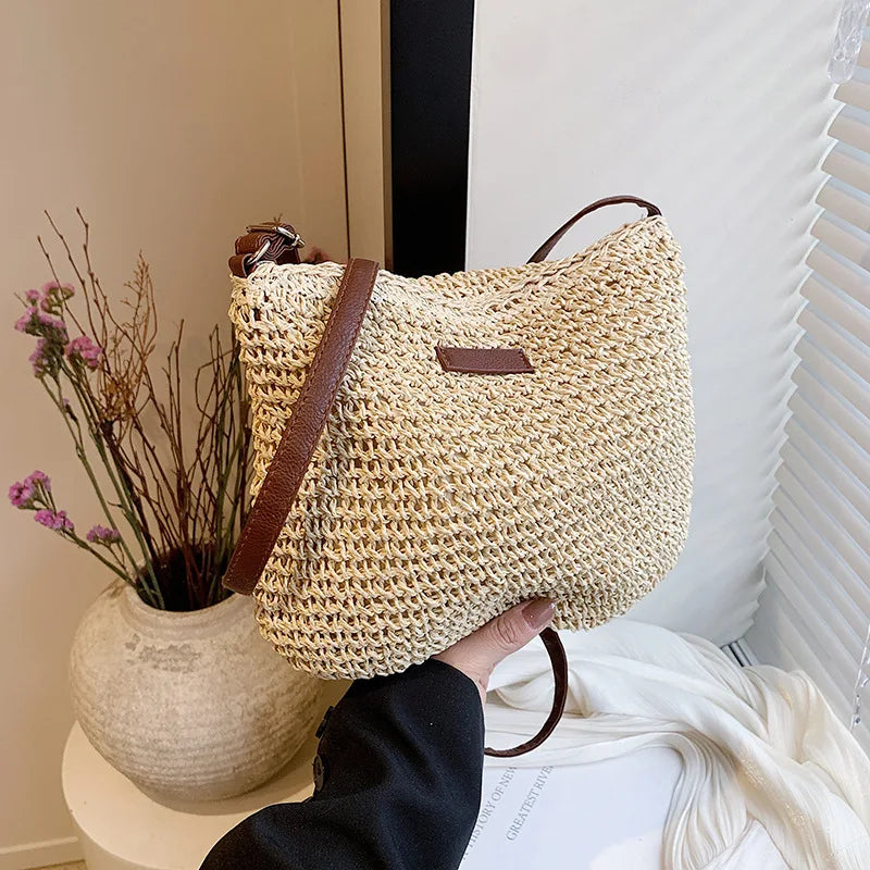 Summer Rattan Crossbody Bags Women Saddle Straw Woven Shoulder Bag