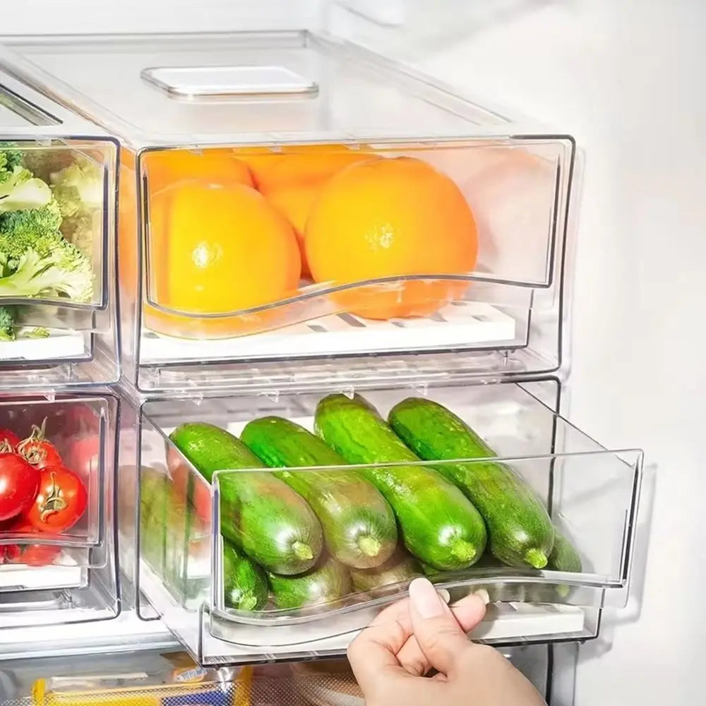 Plastic Drawer-type Fresh-keeping Box Large Capacity Stackable Refrigerator Storage Box Dust-Proof with Drain Tray Vue