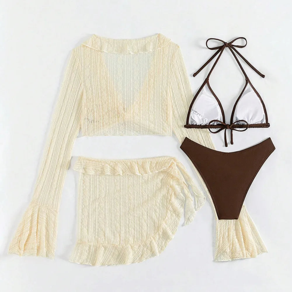 Fashion Summer Women Swimsuit Long-sleeve Casual Bikini Vacation Vue Beige coffee XL