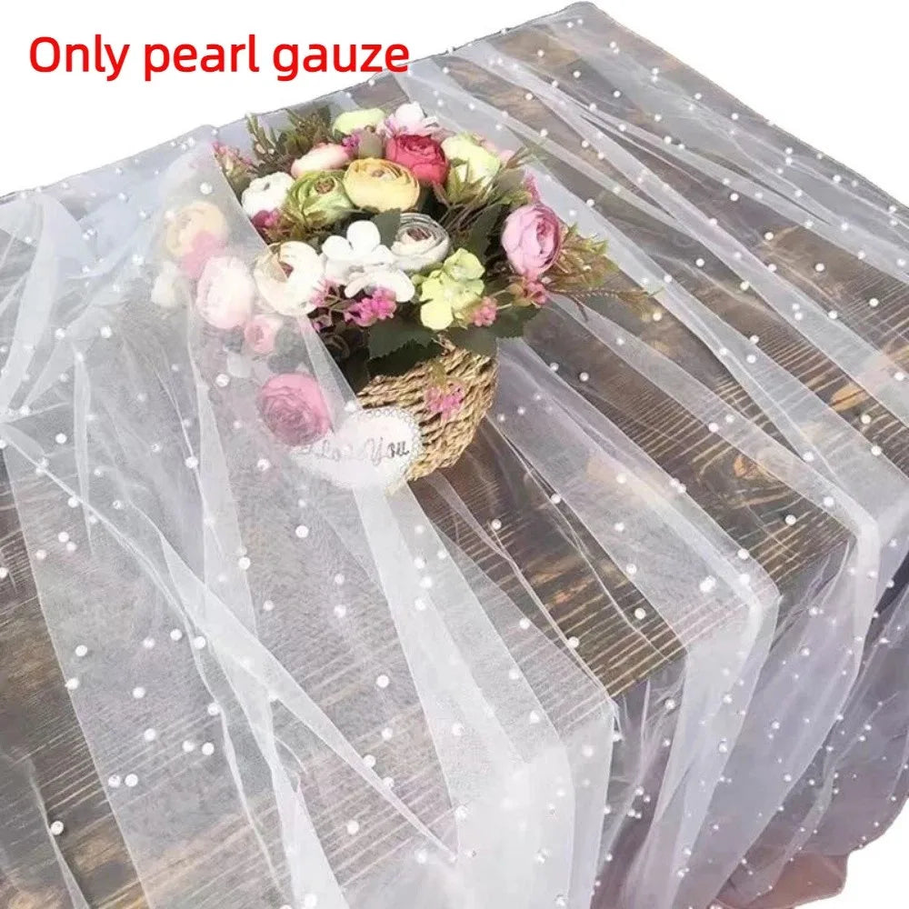 Mesh Fabric Pearl Table Runner Sheer White Tulle Wedding Table Runner Romantic Dreamy Luxury Bridal Veil Dessert Table Vue White-L 72x200cm