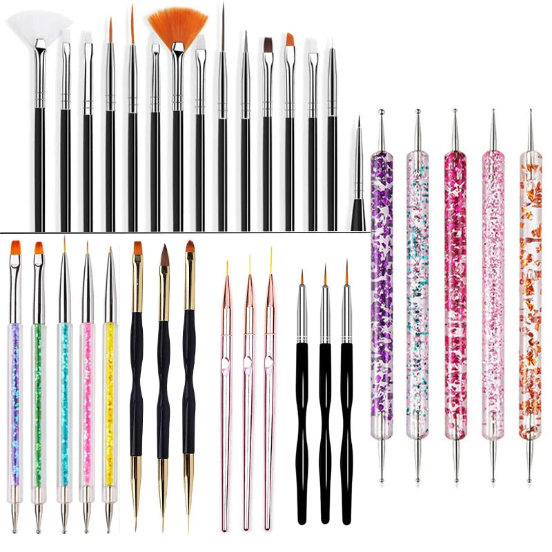 5/20Pcs Nail Art Brush Design Tip Painting Drawing Carving Dotting Pen FlatFan Liner Acrylic Gel UV Polish Manicure Tools Vue