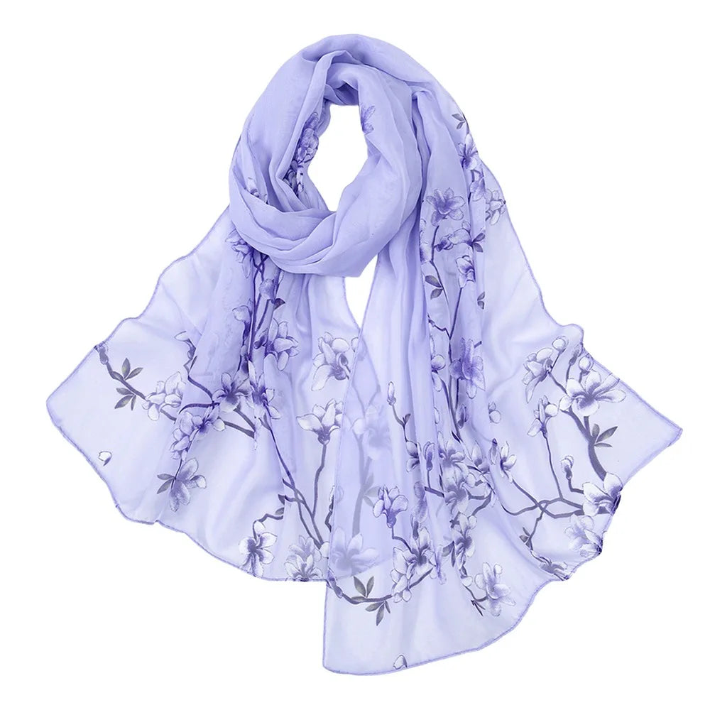 Floral Print Chiffon Scarf Long Thin Shawl Silk Soft Protection Vue Light Purple