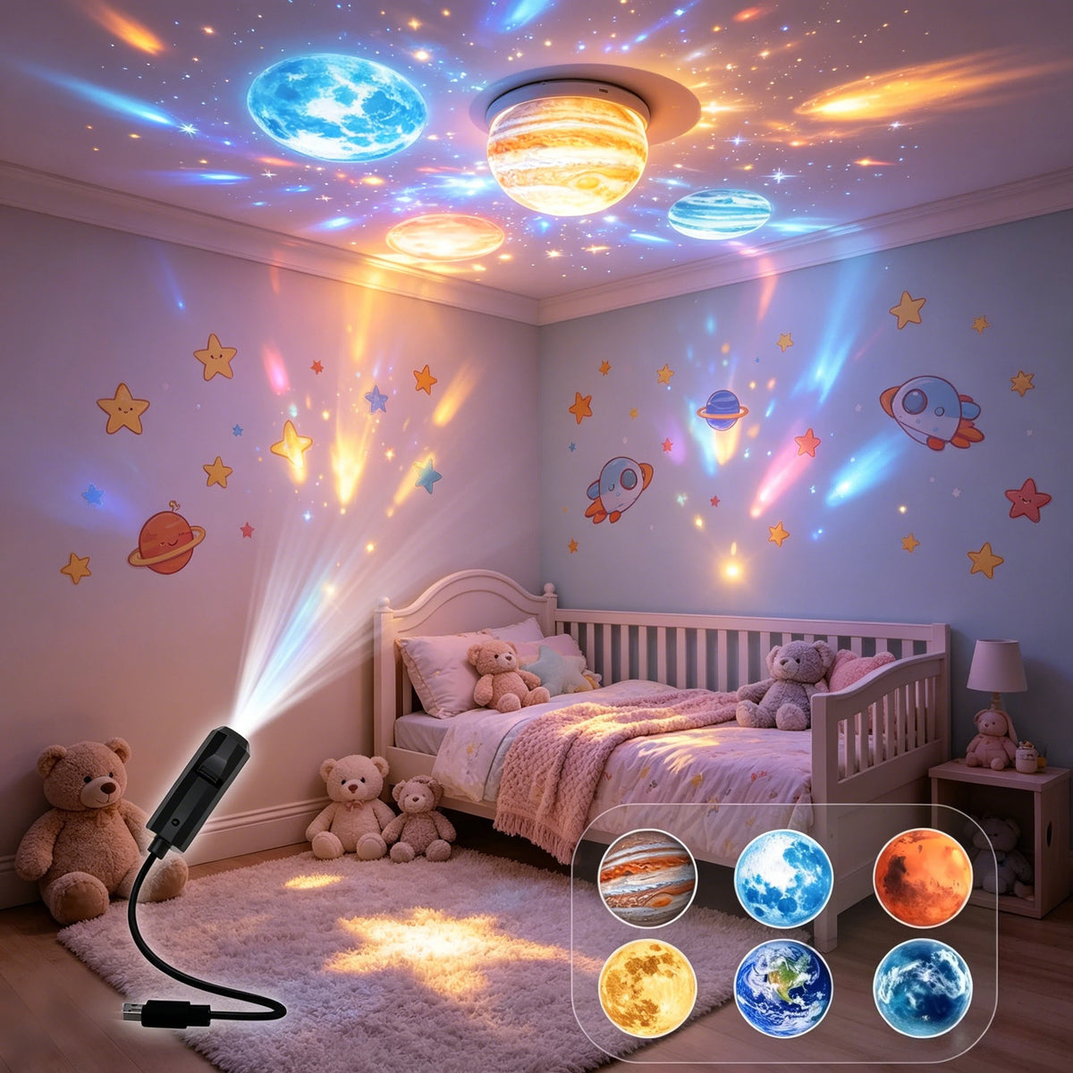 1 lamp 6 planet slidesCreative Moonlight LED Projector Nightlight Dimmable Projection Night Light Ideal Bedroom Home Decoration Vue