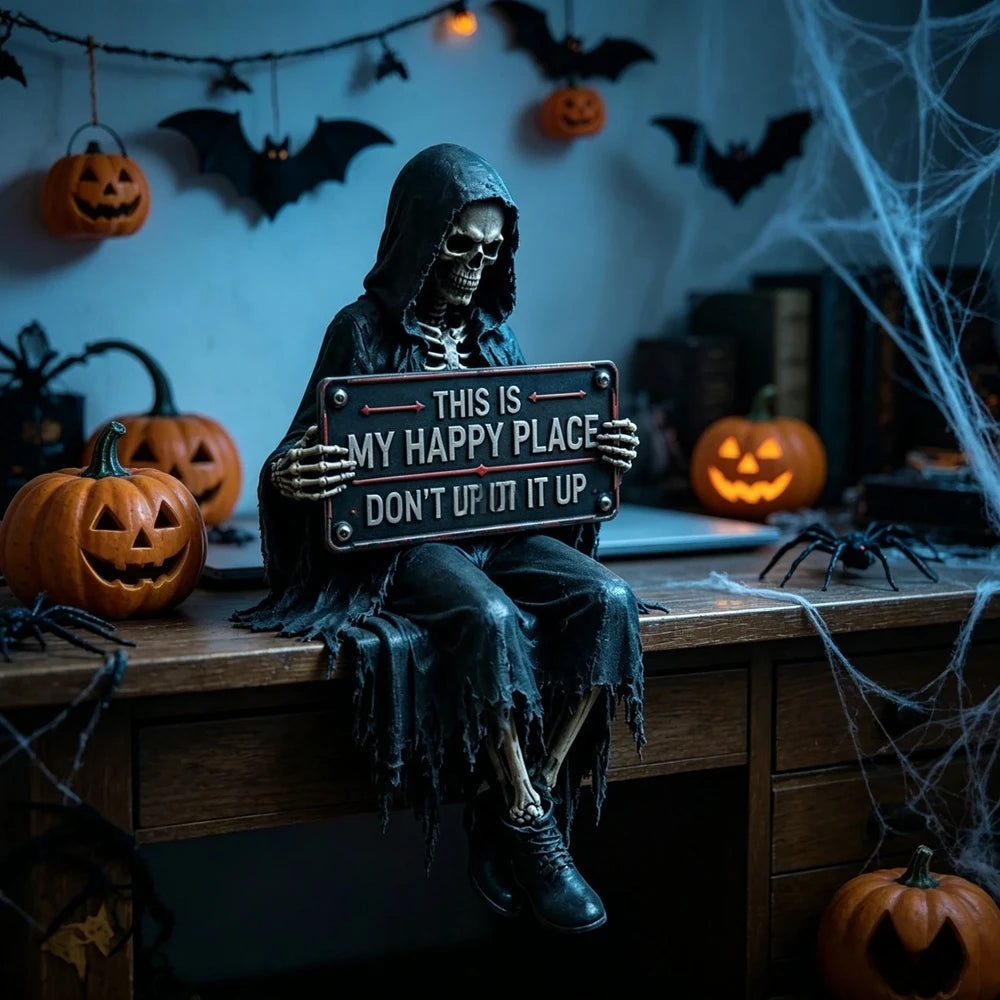 Grim Reaper Skeleton Shelf Sitter Statue | Gothic Halloween Decor Resin Shelf Sitter Statue Vue