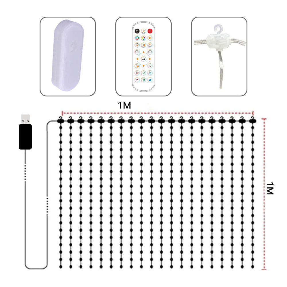 Smart Curtain Lights RGB IC 400LEDs DIY Graphic Display Suitable for Christmas Curtain Decorative Light Strings Vue 1M X 1M 400LEDs USB
