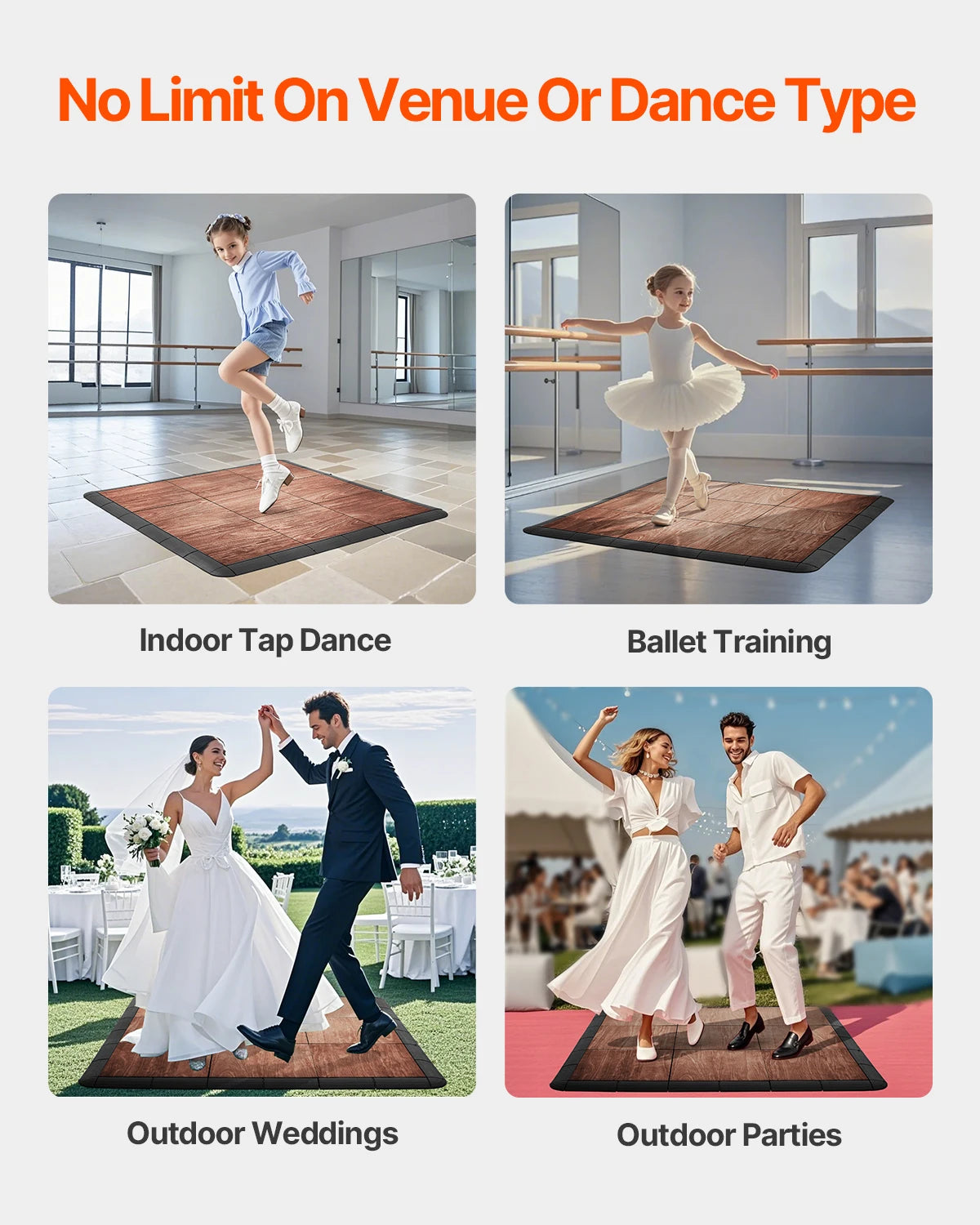 Interlocking Dance Floor Tiles – Wood Grain Cushioned Base, 9 pcs Dance Floor Tiles Vue