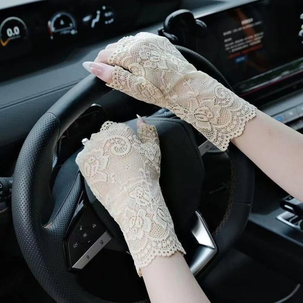 Summer Thin Half-finger Gloves Elasticity UV Protection Mesh Lace