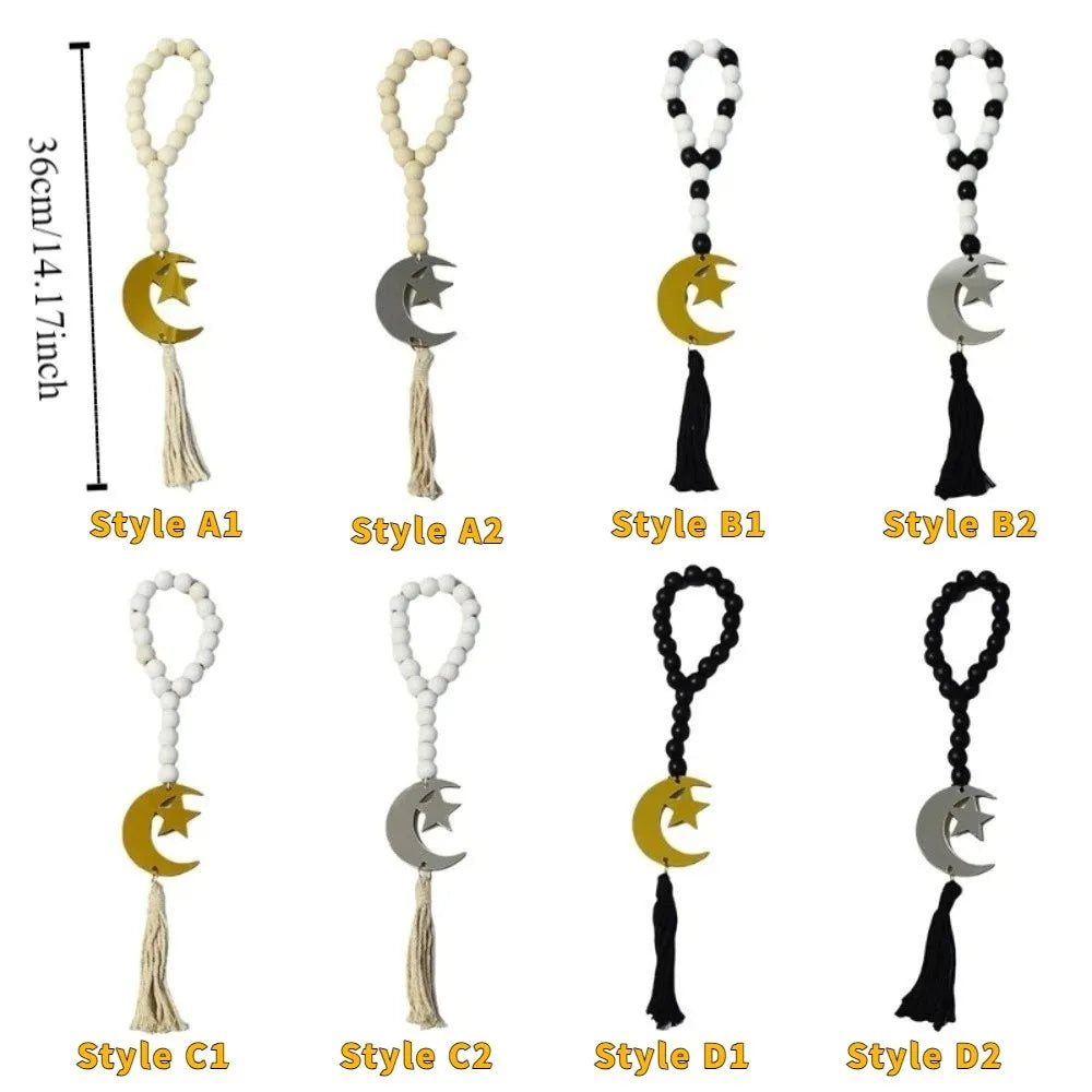 Handmade Wooden Beads Pendant Rustic Style Smooth Star Moon Pendant Decorative with Tassel Eid Mubarak Decor Home Decoration Vue