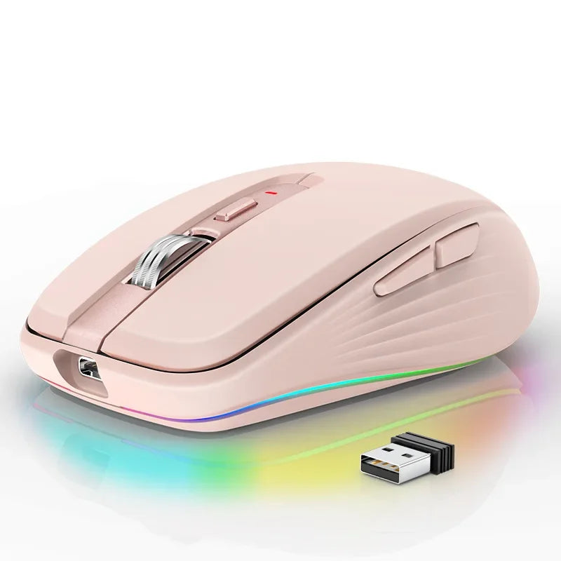 Dual Mode Rechargeable Bluetooth 2.4G Wireless Mouse RGB Mute Mouse For Windows Mac IOS Android Laptop Tablet Phone PC Vue Pink