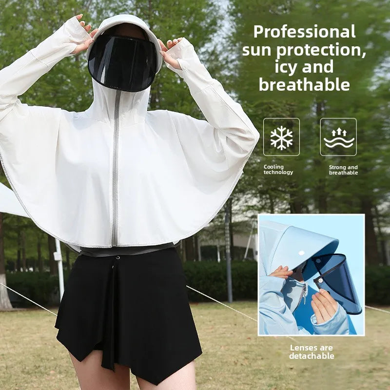 Ice Silk Hooded Sun Protection for Women Brim UV Blocking Breathable Cooling Outdoor Cycling Travel Casual Daily Cover Up Vue White B