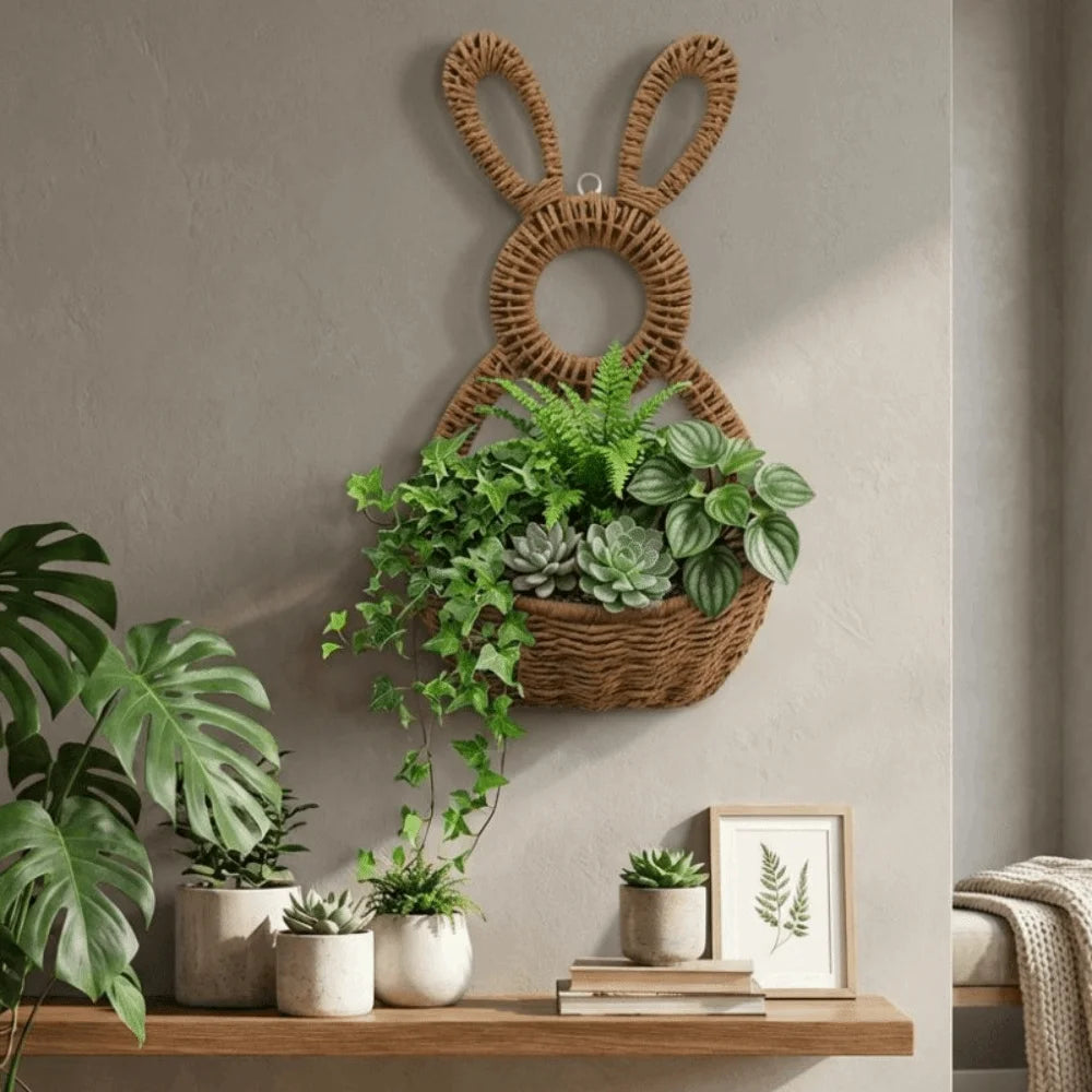 Hand Woven Easter Bunny Basket Natural Willow Handmade Easter Wall Pocket Gift Holder Cute Rabbit Plant Hanging Basket Vue