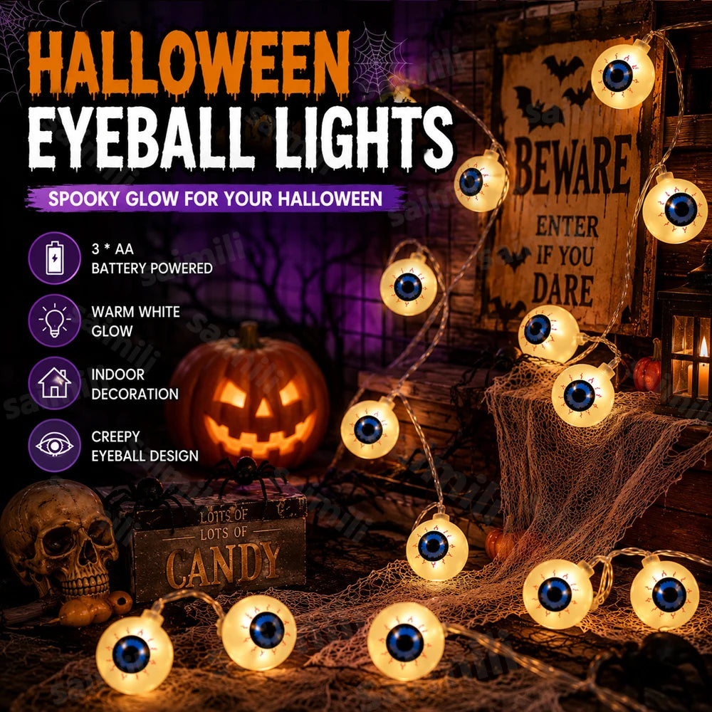 Halloween Eyeball LED String Light Battery Operated Spooky Horror Hanging Glow Decor Prop For Home Haunted House Holiday Party Vue
