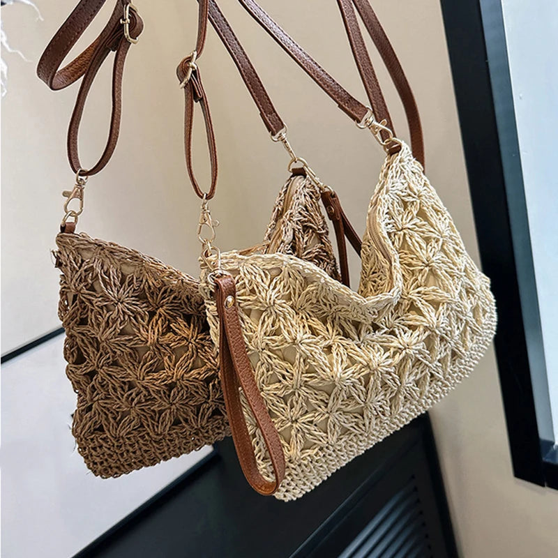 Summer Beach Women Straw Rattan Weave Shoulder Crossbody Bag Hollow