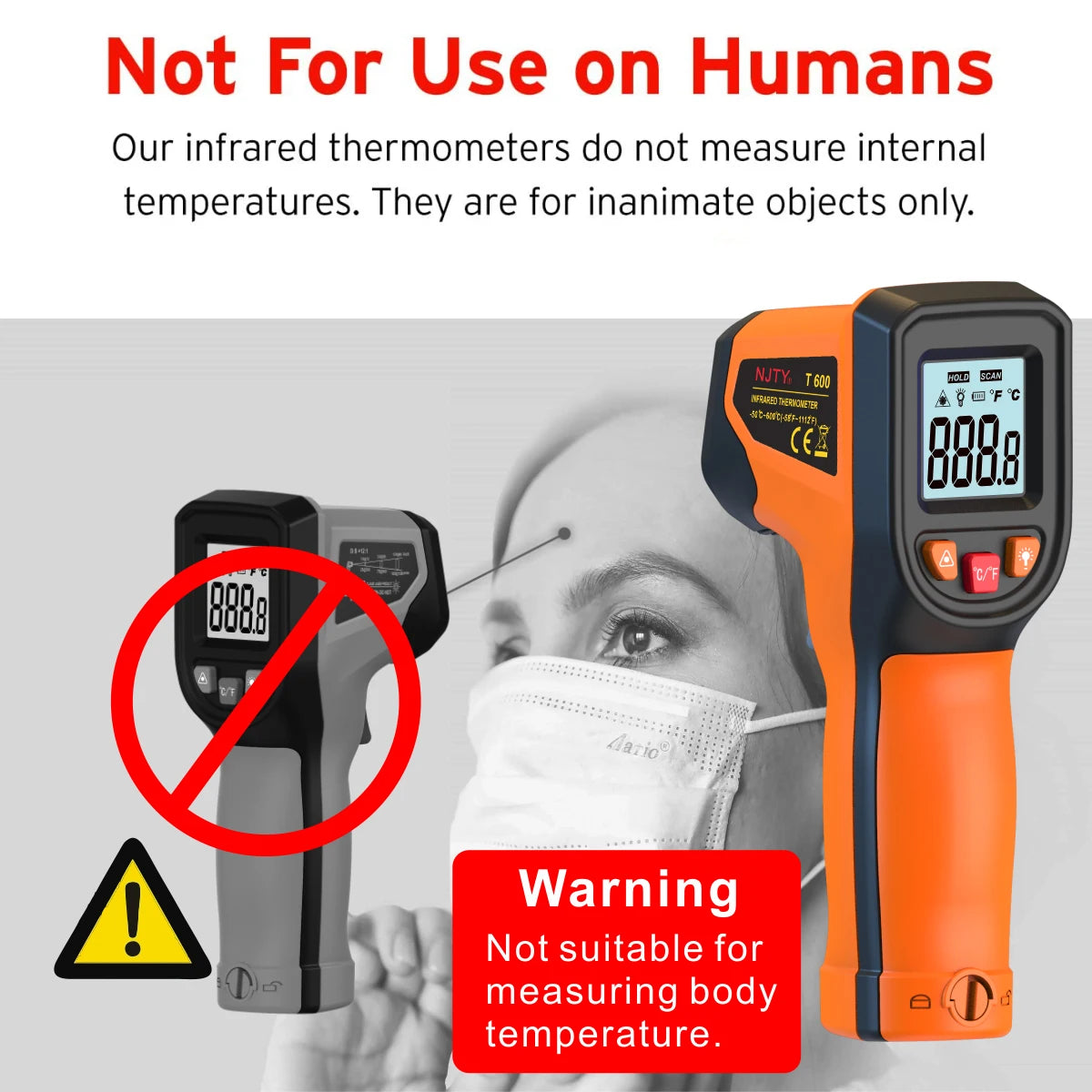NJTY T600T600A Laser Temperature Gun Infrared Thermometer Sensor Handheld Non-contact IR LCD Industrial Pyrometer Digital 600 °C Vue