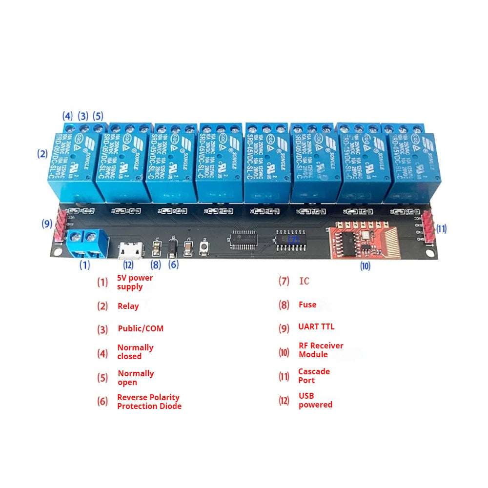 DC5V TTL 8-channel Serial Port Relay Module 433MHz RF Control Support Self-locking Interlocking Point-and-trip Mode Relay Board Vue