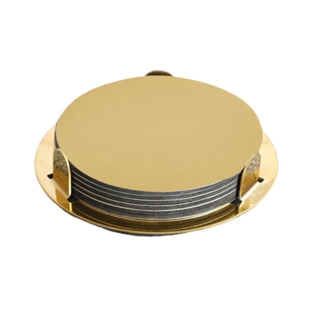 Multi-Function Round Gold Stainless Steel Coaster Set Mirror-like Scald-proof Drink Pad With Holder Insulated Cup Mat Restaurant Vue 6pcs 3.35in