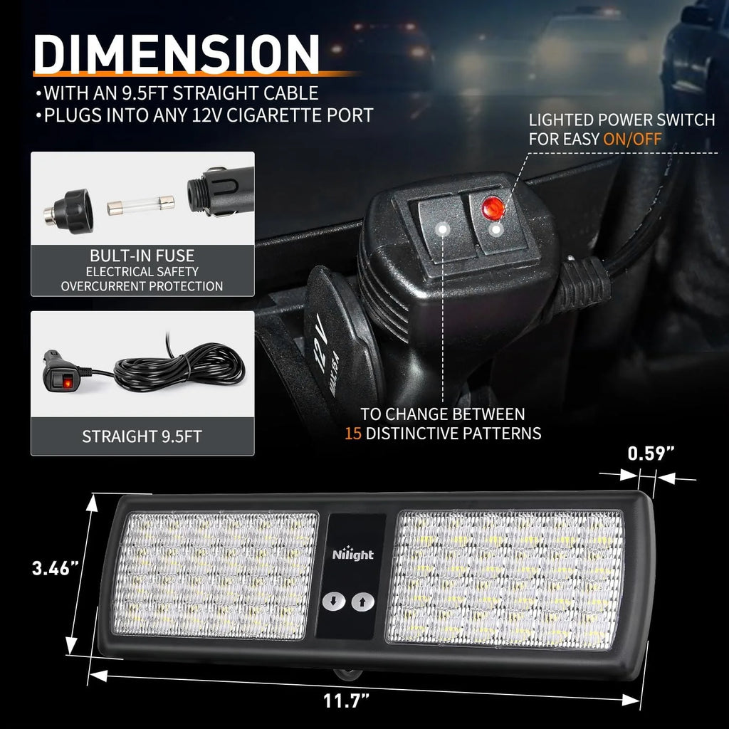 Nilight 48 LED Visor Strobe Light, Interior Windshield Emergency Warning Flashing Light, Hazard Safety Light for Law Enforcement, Firefighters, Tow Truck, Utility Vehicle Vue
