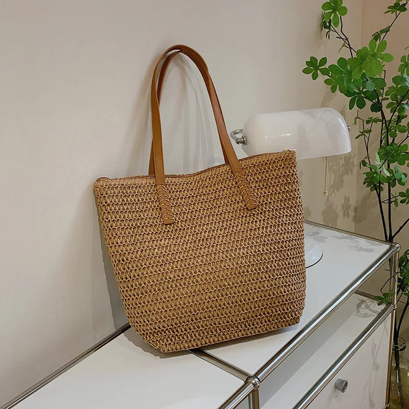 Square Bucket Straw Beach Bag Handmade Woven Shoulder Raffia Rattan Vue khaki 28x14x34cm