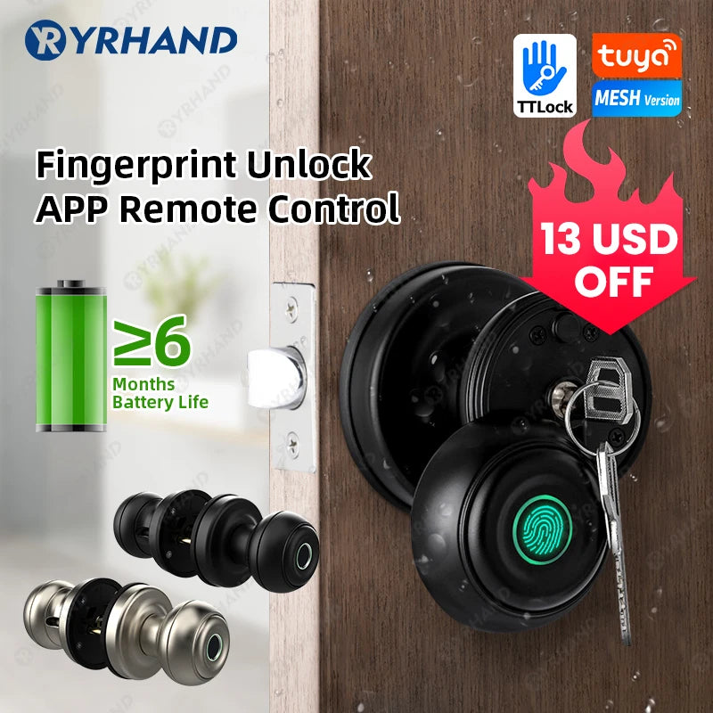 Round Knob Tuya Bluetooth Smart Lock Easy Install Cylindrical Electronic Digital Biometric Fingerprint Lock for Smart Home Vue