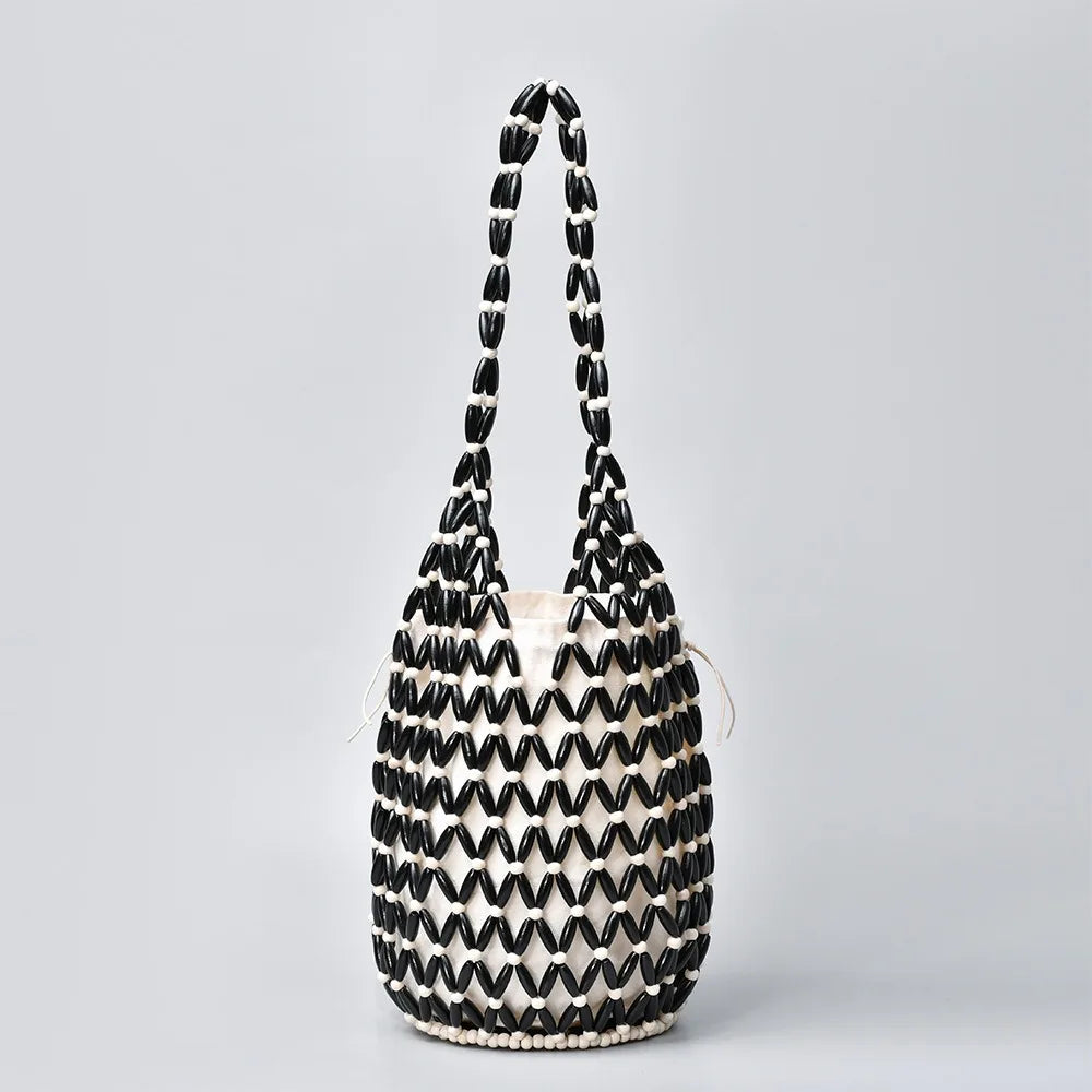 Elegant Bohemian Woven Hand Bag Female Style Exquisite Design Wooden Bead Tote Handmade Hollow-out Handbag Casual Use Vue Black