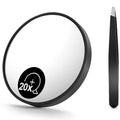 20X(200R) Magnifying Mirror and Eyebrow Tweezers Kit, 3.5" Two Suction Cups Magnifier Travel Set Vue Black 2pcs