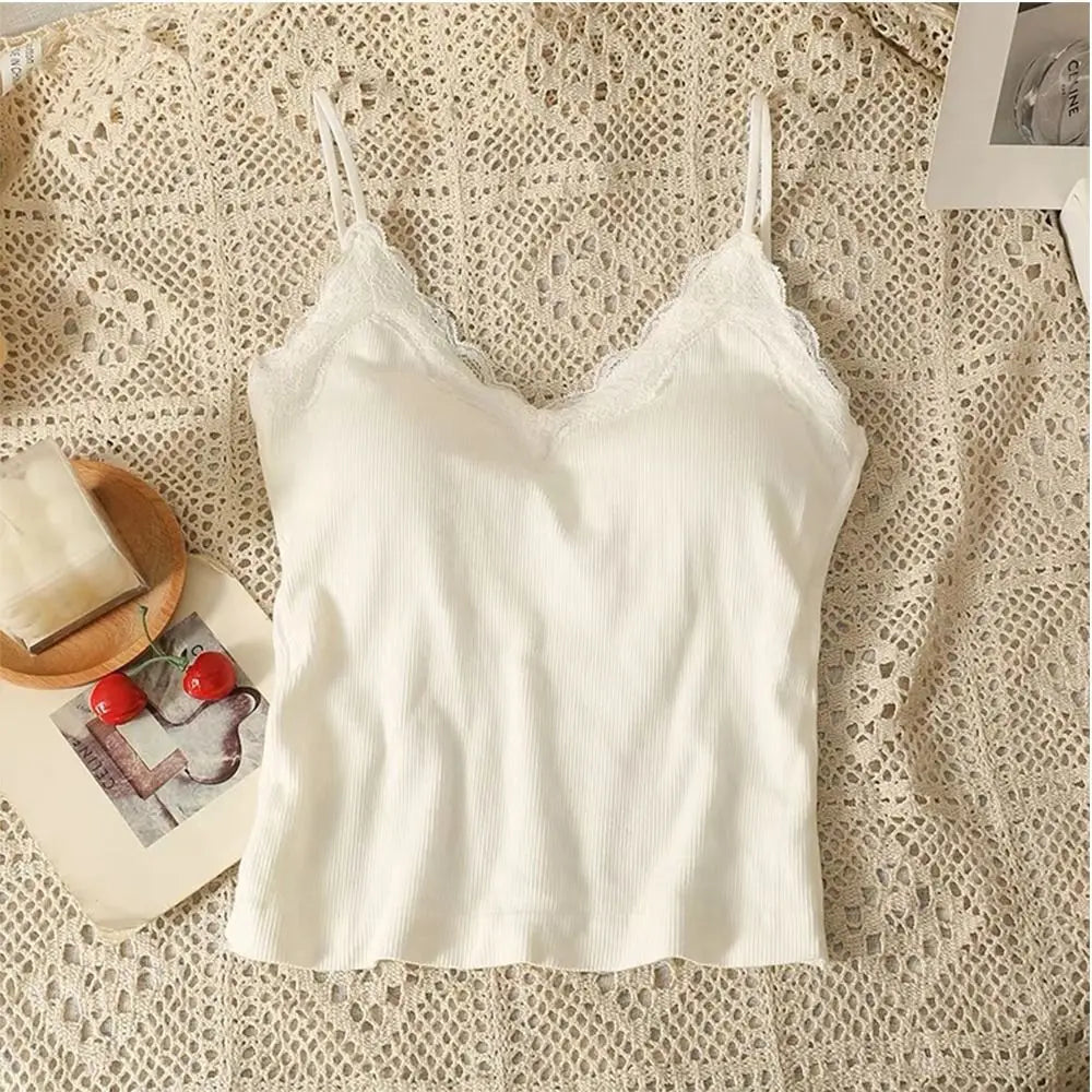Fashion Breathable Lace Camisole Strap Bra Solid Crop Sexy Wire-free Vue White S