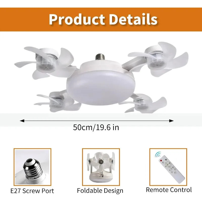 E27 Socket Ceiling Fan 2-in-1 Silent LED Fan with Remote Control 3-Color 3-Speeds Adjustable Ceiling Fanlight for Home Bedroom Vue