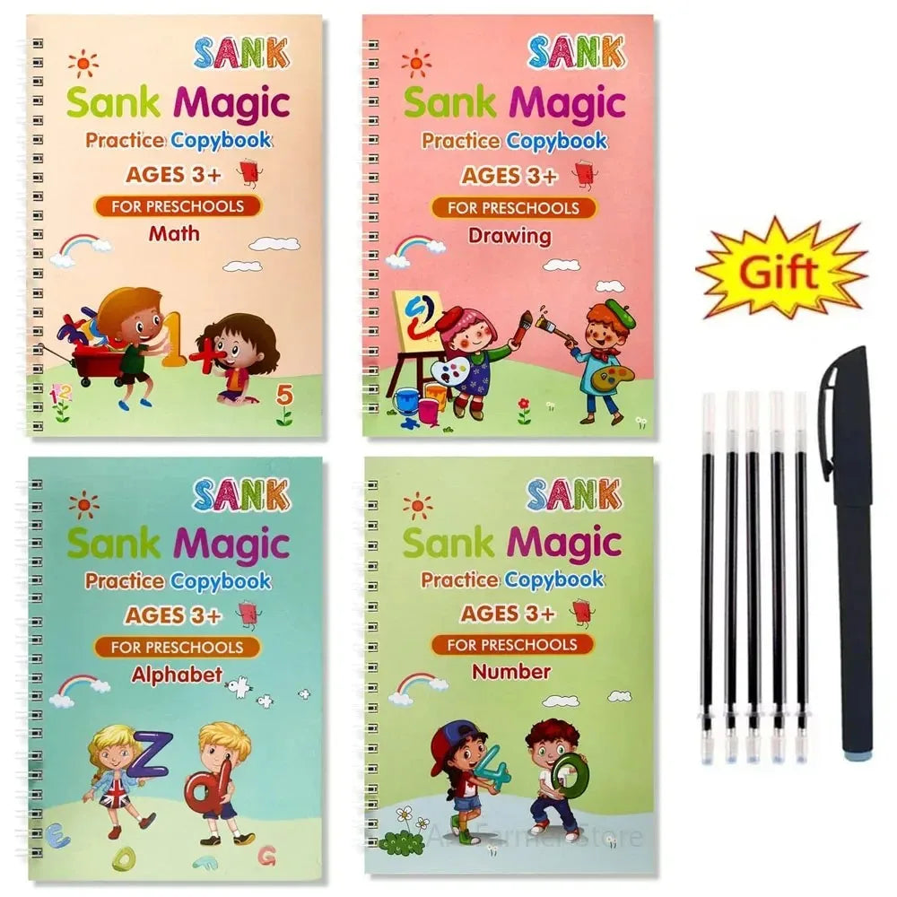 4pcs Reusable Magic Practice Copybook Kid Grooved Handwriting Tracing Book English with Pen Holder Preschool Learning Child Gift Vue 4 books with pen