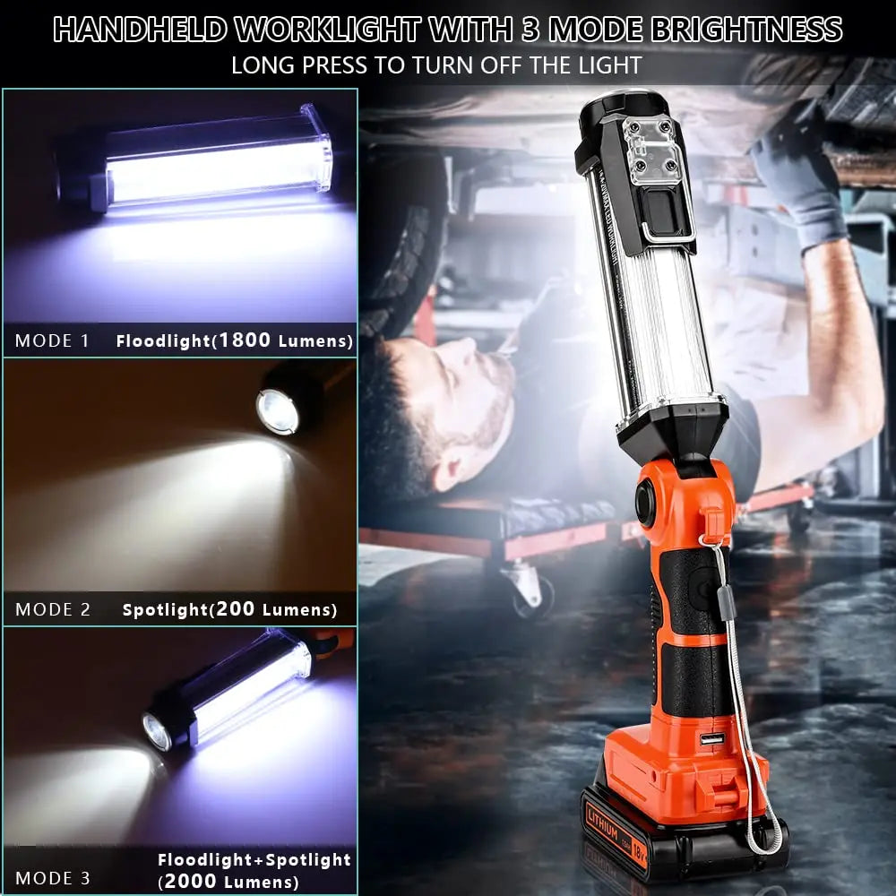 Rechargeable Battery LED Work Light Outdoor Flashlight Portable Camping Light for Black & Decker 20V Li-Ion Battery with Hook Vue