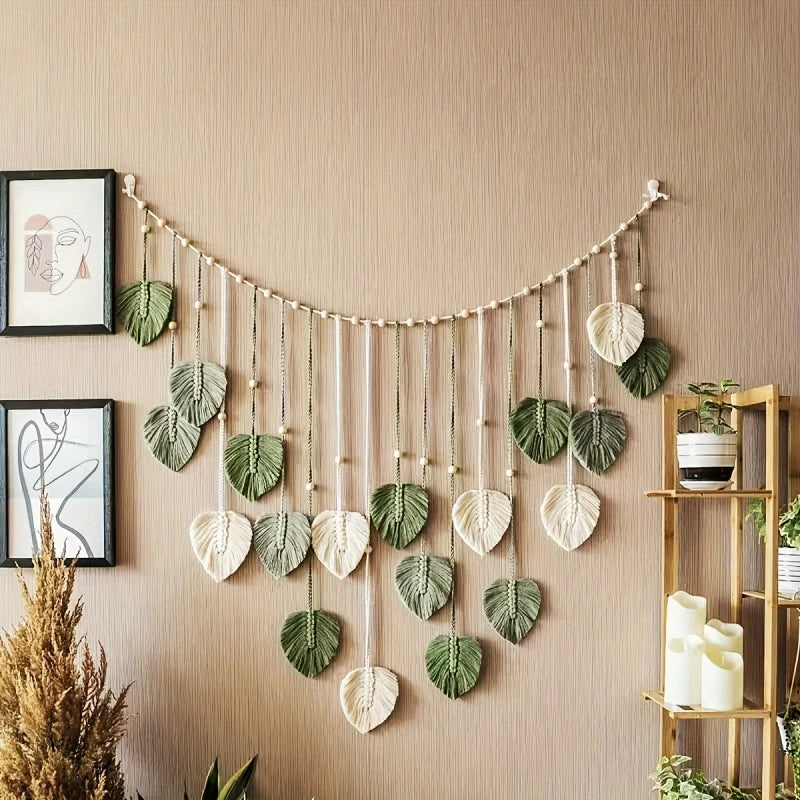 Bohemian Macrame Feather Wall Hanging Leaf Design Modern Boho Cozy For Bedroom Living Room Home Decor Gift For Women Teens Vue