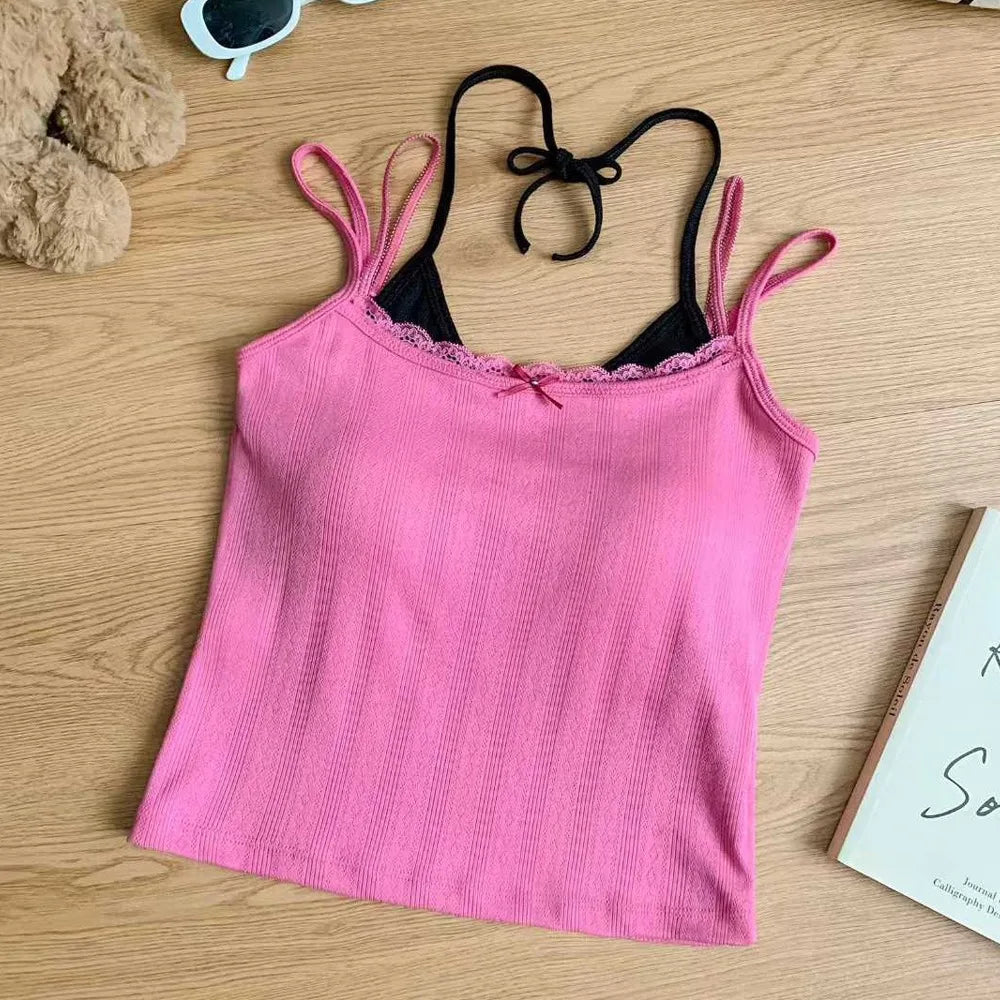 Sweet Sleeveless Lace Trim Camisole Slim Padded Cups Tie Back Vue Rose Red One Size