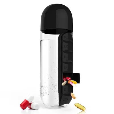 Portable Water Bottle With Built-in Pill Box for Medicines, Vitamins, Perfect for Outdoor, Gym, Fitness, Camping and Traveling Vue black