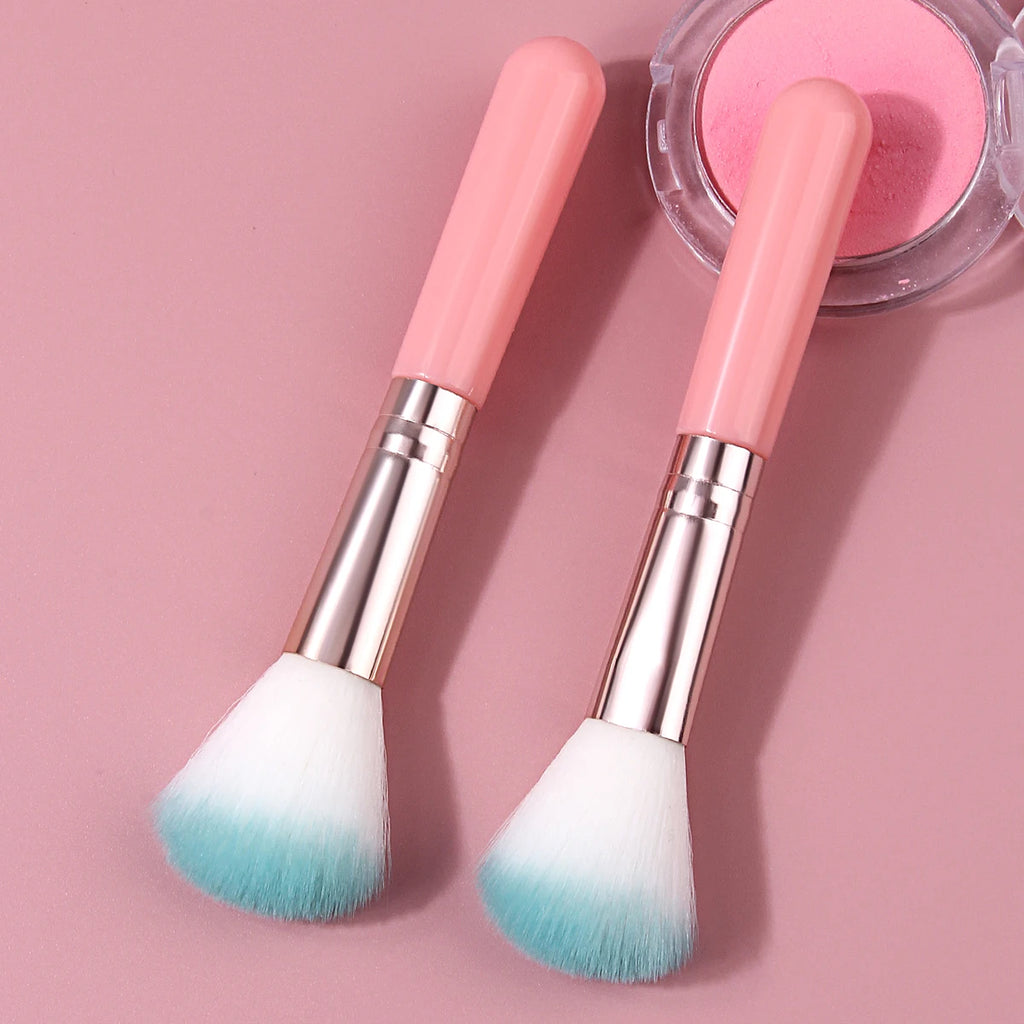 2Pcs Blush Makeup Brushes Pink Handle Silver Ferrule Blue White Two-Tone Fluffy Hair Soft Face Powder Bronzer Blending Brush Por Vue