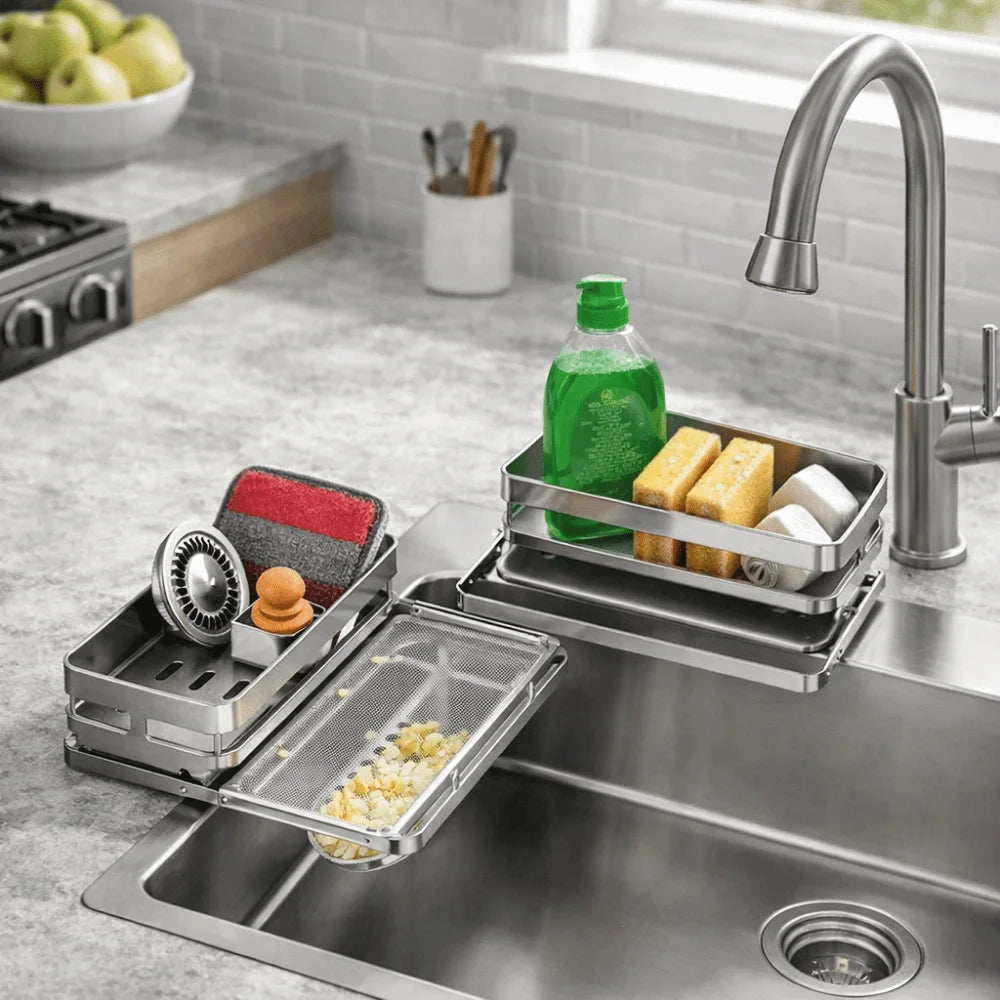 Large Capacity Kitchen Sink Drain Rack Moisture-proof Waterproof Sink Sponge Rack with Water Tray Space Saving Vue